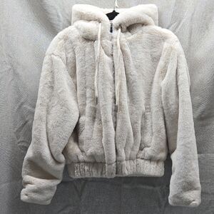 Cropped Hooded Jacket, Stoosh, Small, Faux Fur, Pockets, Elastic Waist, Zip Up